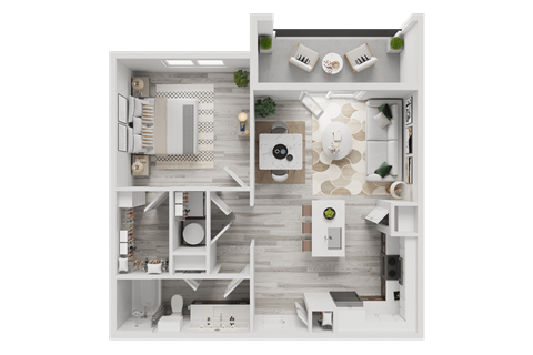 A top-down view of a modern apartment layout with a kitchen, living room, and bathroom.